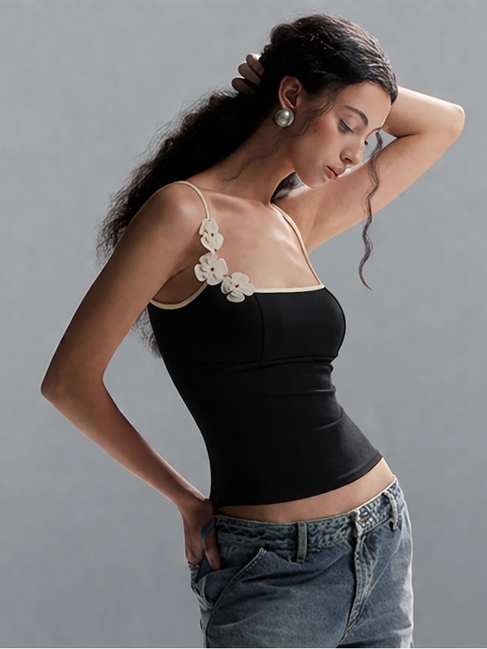 Commense Tops - Commense Black Cami with Cream Trim and Floral Accent